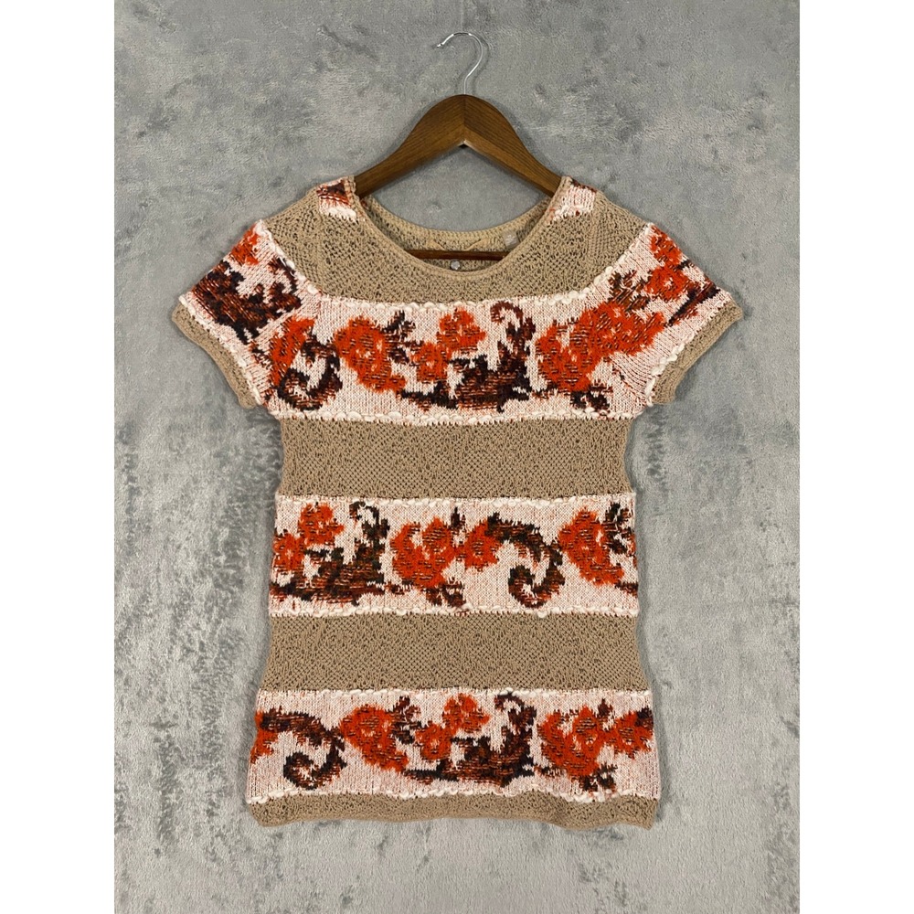 Knitted & Knotted Anthropologie‎ Sweater XS Tan Orange Floral Intarsia Boho Mesh